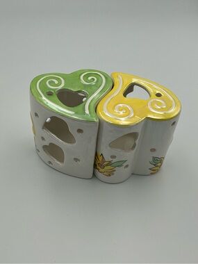 Ceramic Heart-Shaped Candle Holder Pair in Yellow and Green